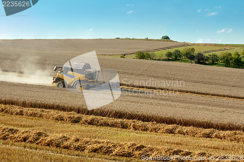 Image of Yellow harvester combine on field harvesting gold wheat