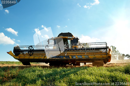 Image of Yellow harvester combine on field harvesting gold wheat