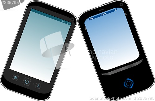 Image of Two mobile smartphones with blank blue screen isolated on white