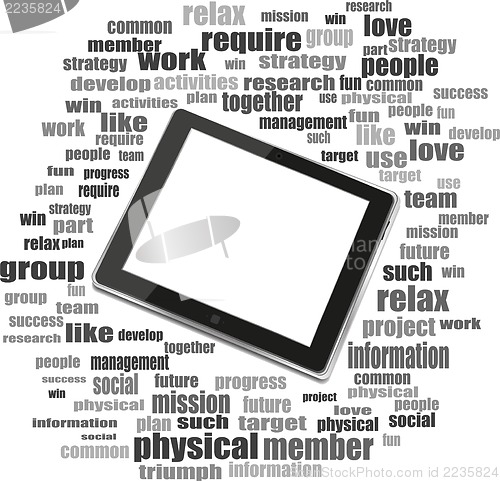 Image of Digital tablet with mobile technology tag cloud concept on screen