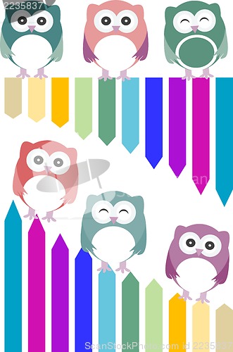 Image of set of colorful owls with different expressions