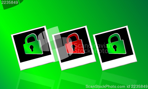 Image of Set of instant photos and red padlock on abstract white background
