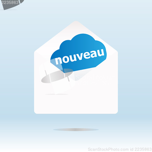 Image of nouveau word on blue cloud on open envelope