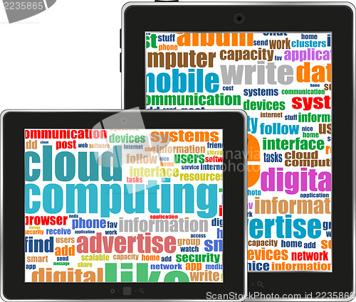Image of Digital tablet with mobile technology tag cloud concept on screen