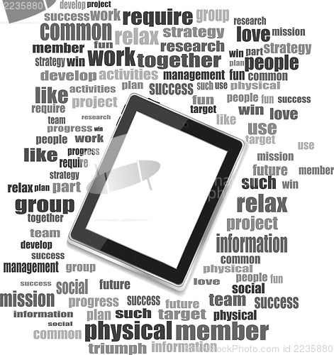 Image of tablet pc in social media words, communication in the global computer networks