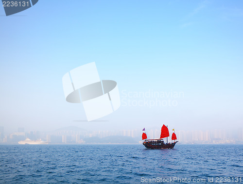 Image of Sailboat sailing in victoria harbor at Hong Kong