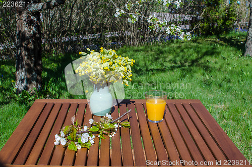 Image of Glass of juice on decorated garden table