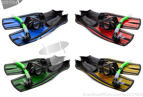 Image of Set of multicolored mask, snorkel and flippers with water drops