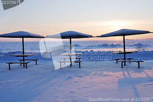 Image of beautiful beach in the winter snow 