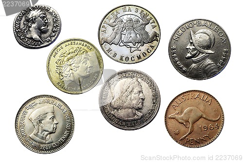 Image of seven coins of different times and countries 
