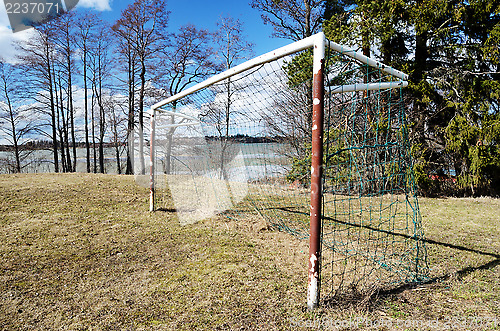 Image of old soccer goal on the village sports field