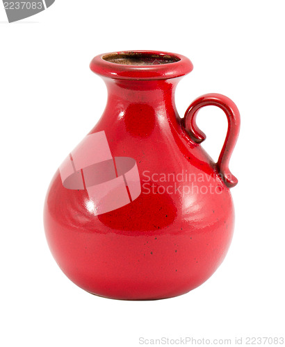 Image of red ceramic vase round handle small hole isolated 