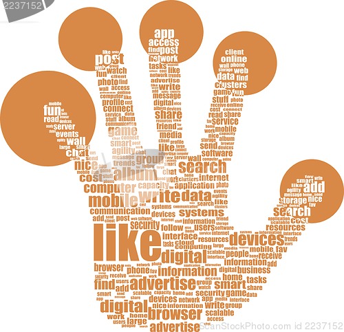 Image of Like hand symbol with tag cloud of word