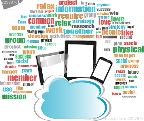 Image of Cloud storage concept in word business collage with tablet pc
