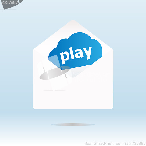 Image of play word on blue cloud on open envelope