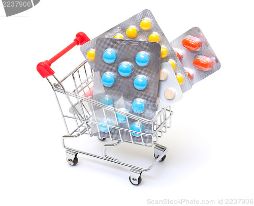 Image of Multicolored pills packs in shopping cart