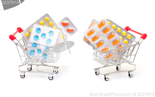 Image of Multicolored pills packs in shopping cart