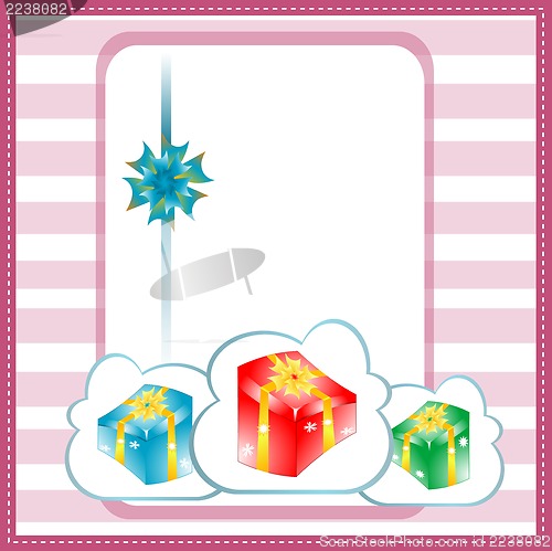 Image of Holiday background with blue gift bow and gift boxes
