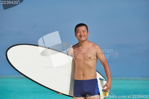 Image of Man with surf board on beach