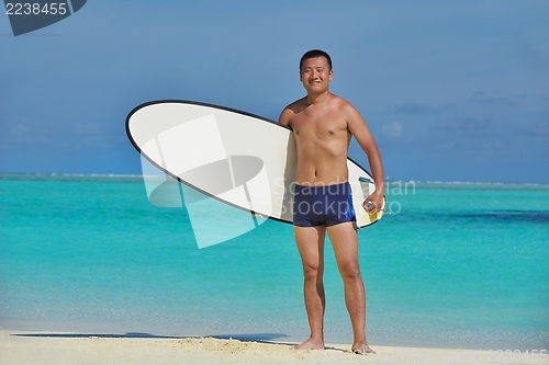 Image of Man with surf board on beach