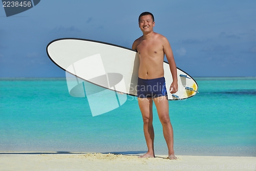 Image of Man with surf board on beach