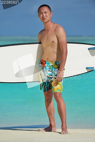 Image of Man with surf board on beach