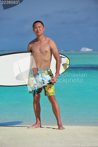 Image of Man with surf board on beach