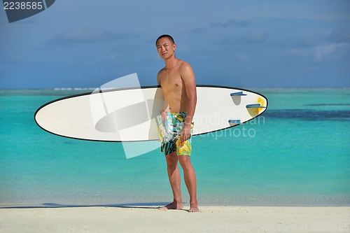 Image of Man with surf board on beach