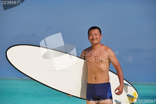 Image of Man with surf board on beach