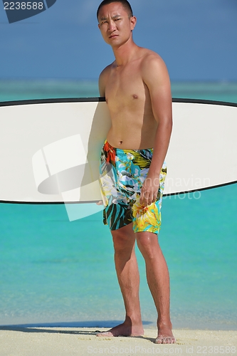 Image of Man with surf board on beach