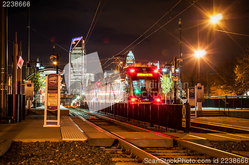 Image of light rail train system in downtown charlotte nc