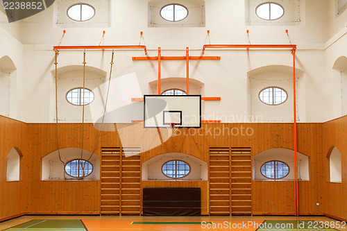 Image of Empty interior of public gym with basketball court