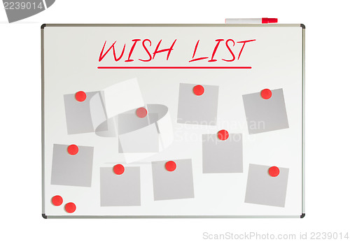 Image of Wish list with empty papers and magnets on a whiteboard