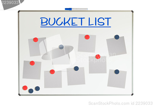 Image of Bucket list with empty papers and magnets on a whiteboard