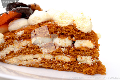 Image of Piece of sweet cake on plate, closeup