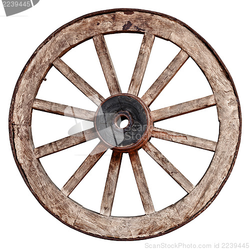 Image of Old wooden wagon wheel on white background