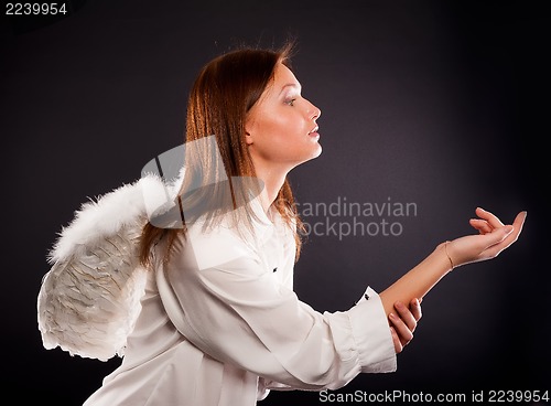 Image of young sexy woman with angel wings calling