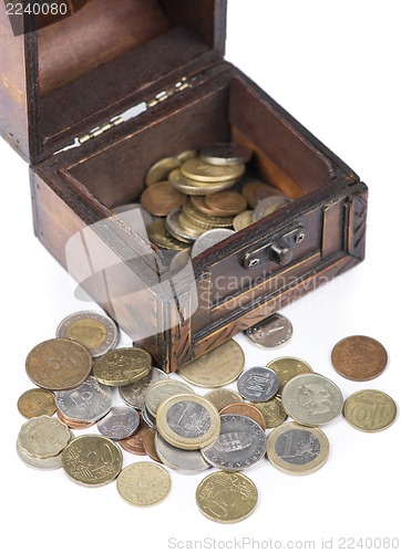 Image of Wooden casket full of coins thai