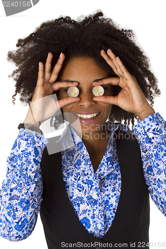 Image of Woman hiding her eyes with euro coins