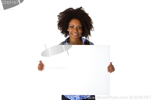 Image of Beautiful afro american Woman  with blank whiteboard