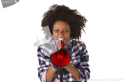 Image of Young african american using megaphone