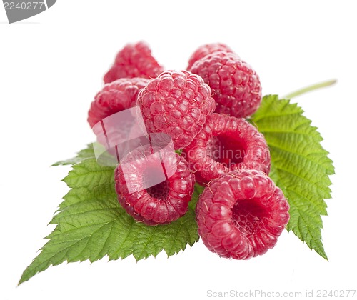 Image of Ripe raspberry with green leaf