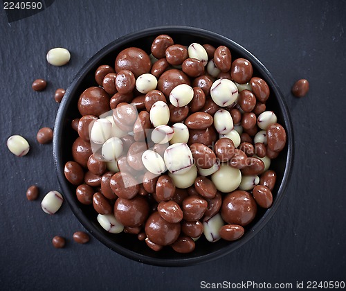 Image of raisins and nuts covered with chocolate