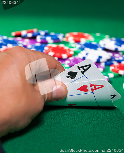 Image of Colorful poker chips and two Ace