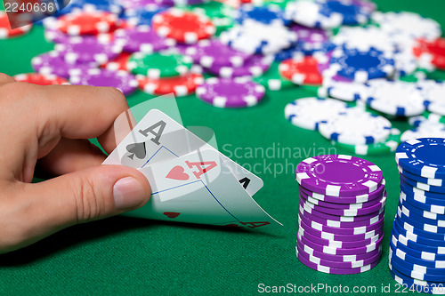 Image of Colorful poker chips and two Ace