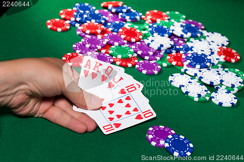 Image of Colorful poker chips and royal flush