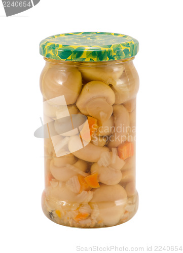 Image of marinated champignon mushrooms glass jar isolated 