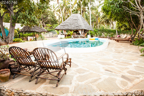 Image of Chairs on swimming pool border