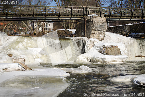 Image of river waterfall retro bridge frozen icicles winter 