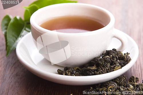 Image of cup of green tea with freh leaves